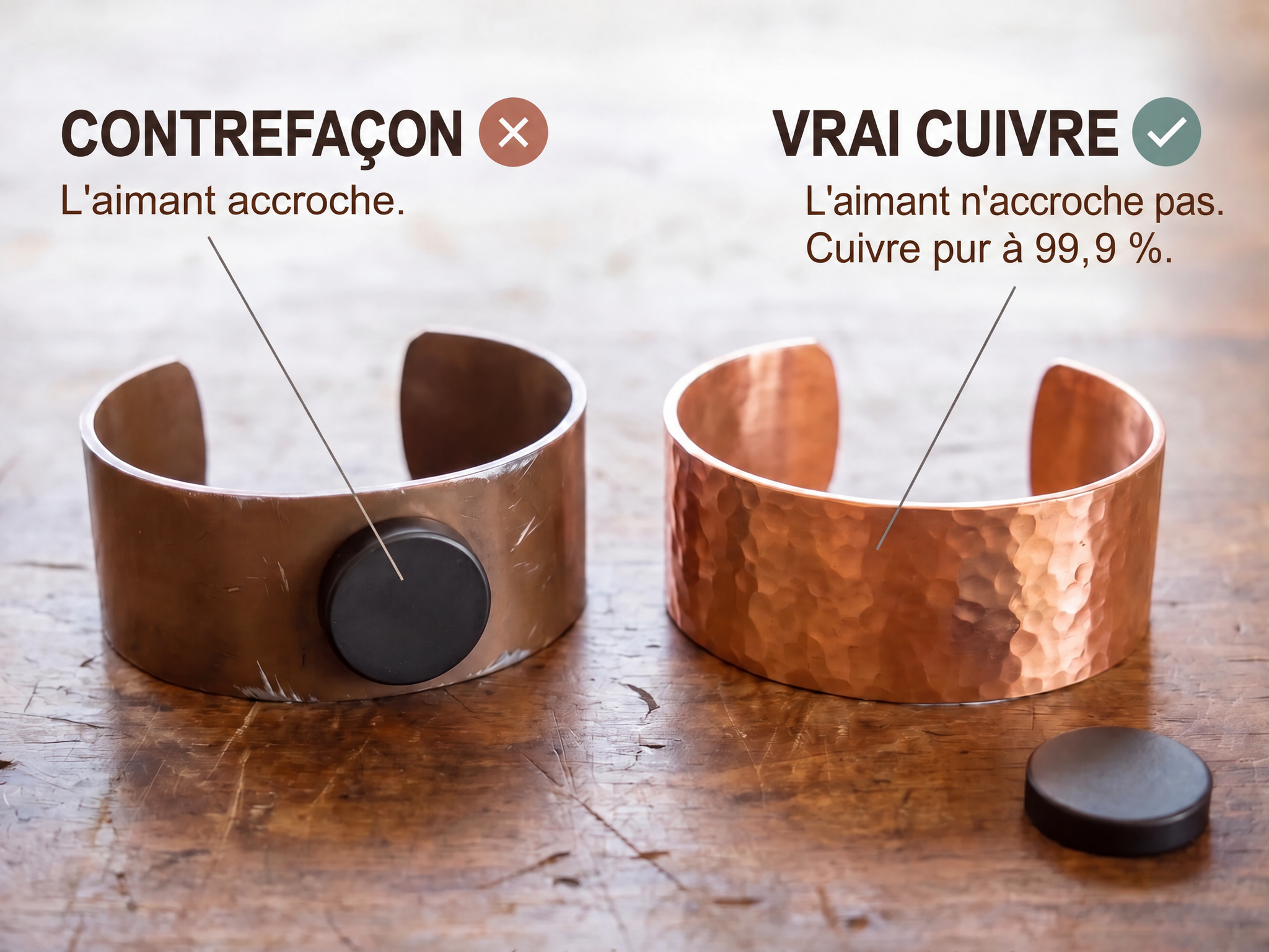 Le test de l'aimant – le cuivre pur n'est pas attiré