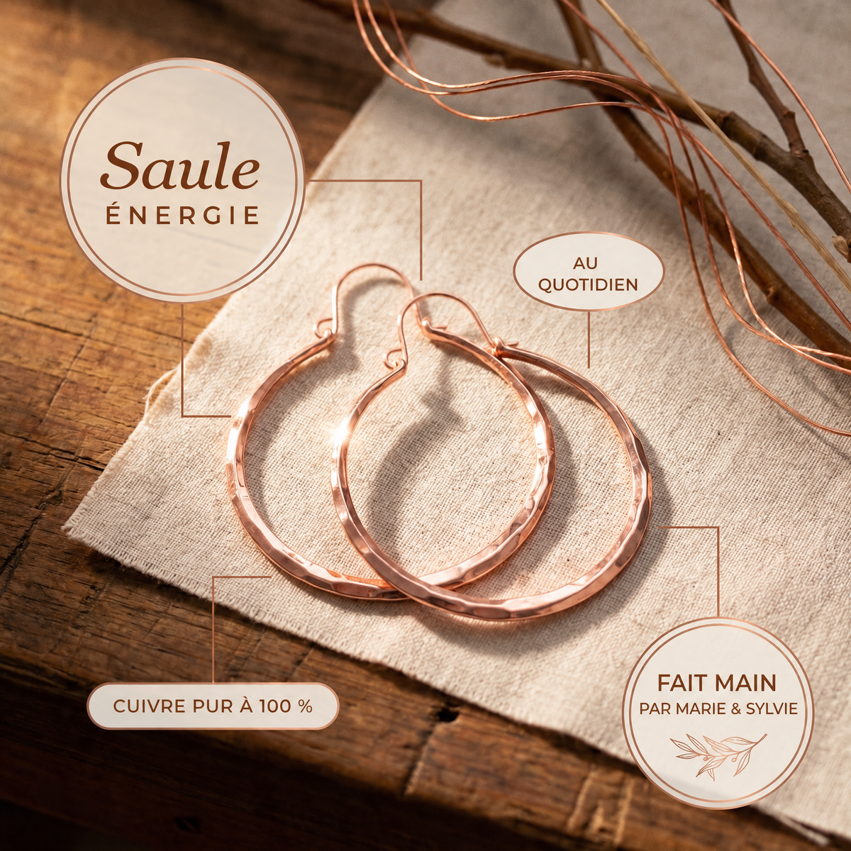Boucles d'oreilles en cuivre Saule de Marie & Sylvie