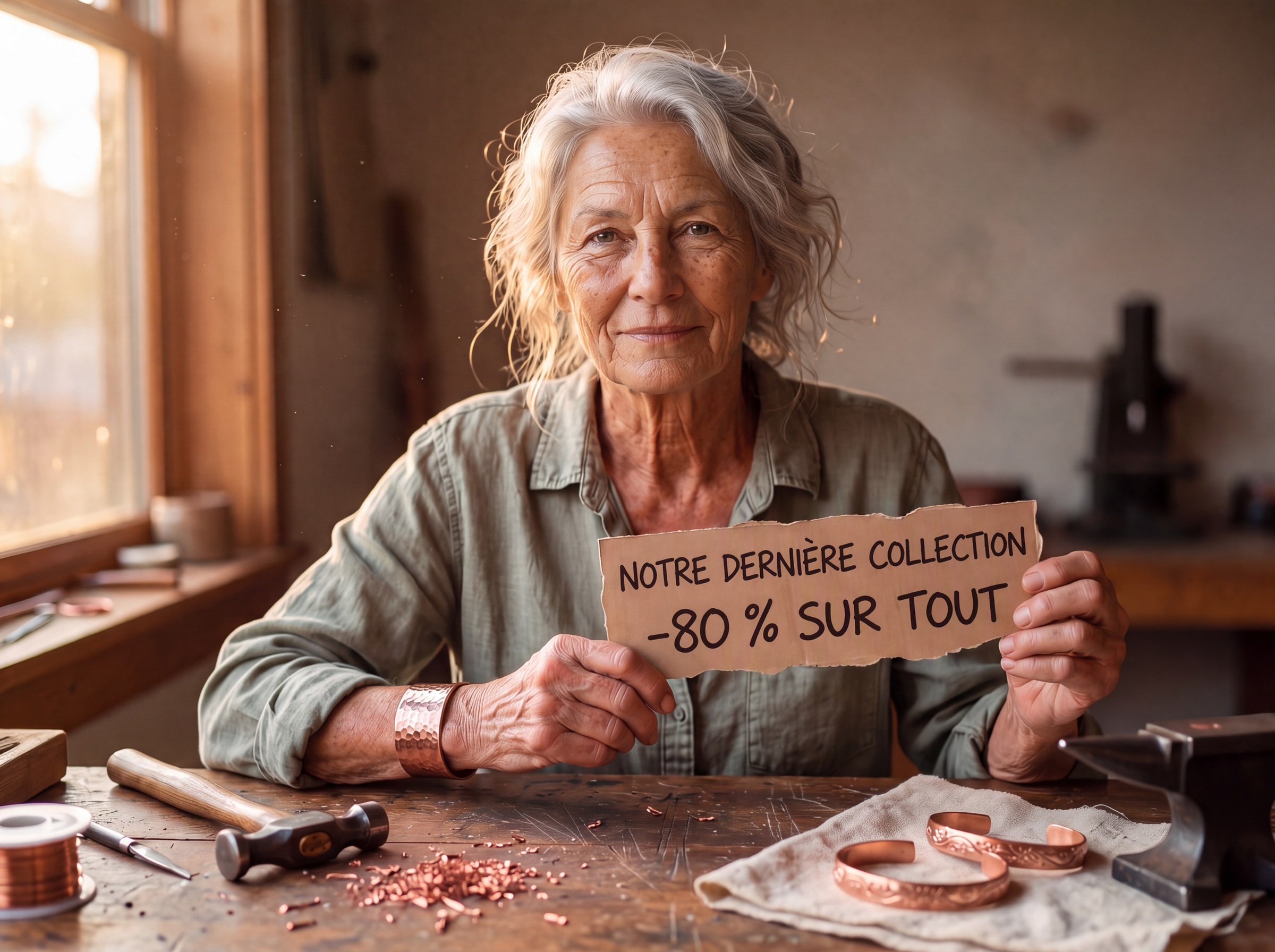 Sylvie à l'atelier. Notre dernière collection, -80 % sur tout