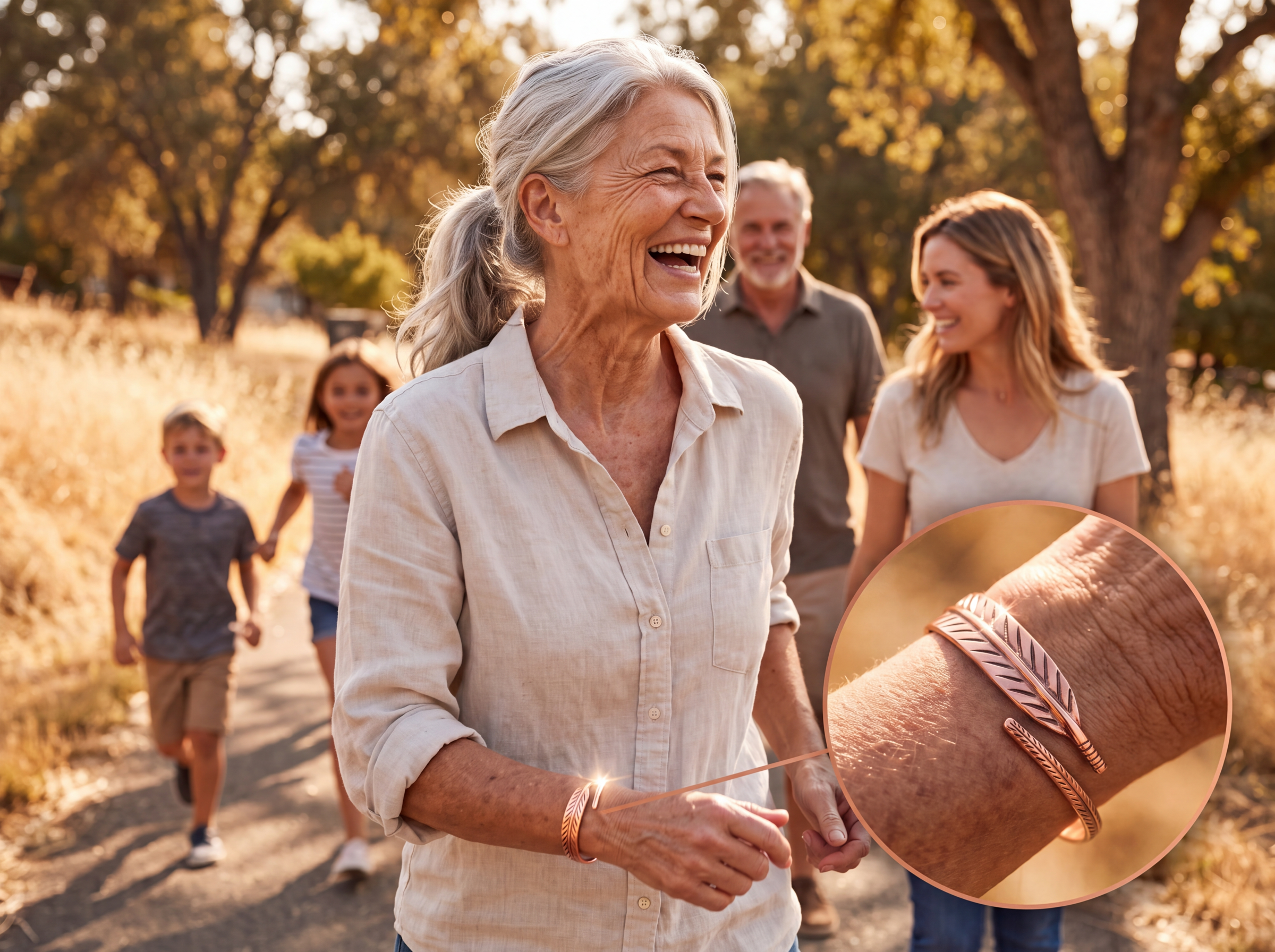 Marie marche devant sa famille, son jonc en cuivre au poignet