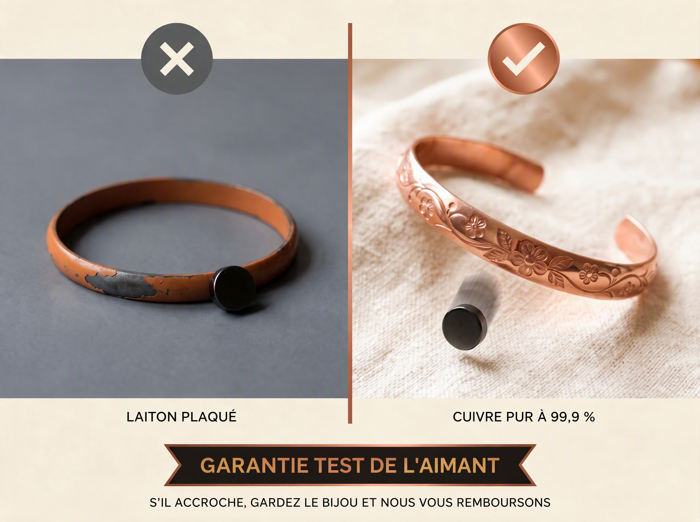 Le test de l'aimant : le laiton plaqué retient l'aimant, le cuivre pur non