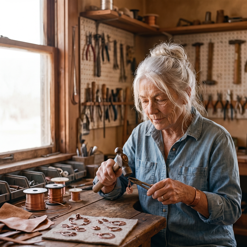 Sylvie fabrique des bijoux en cuivre à la main dans son atelier
