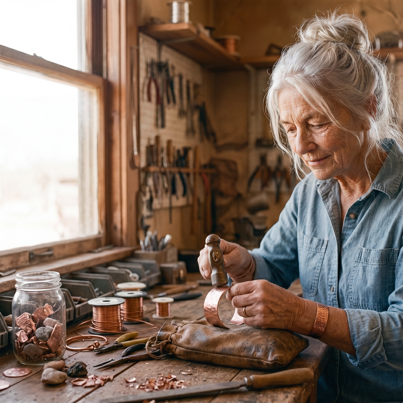 Sylvie martèle un bracelet en cuivre à son établi