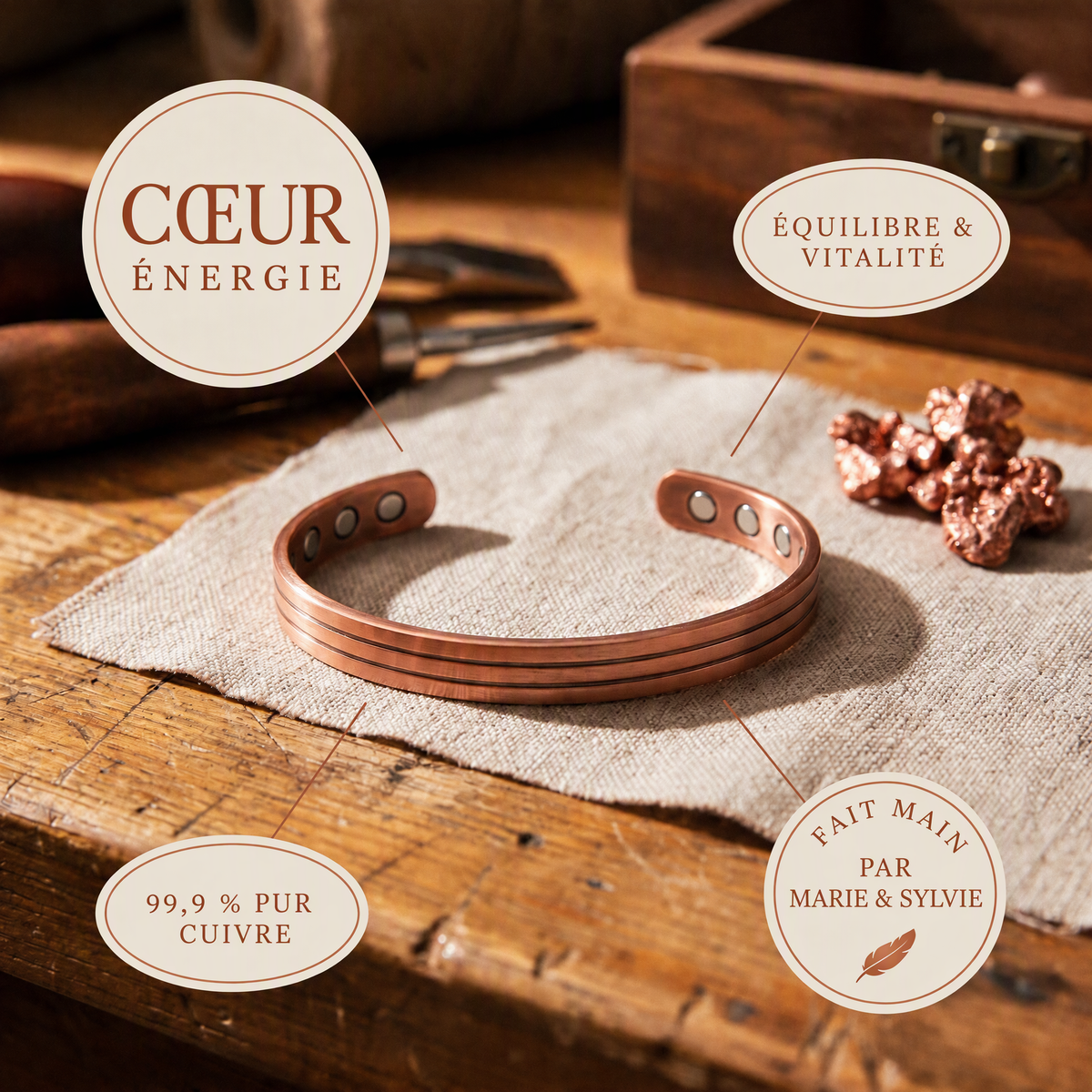 Bracelet en cuivre Cœur de Marie & Sylvie