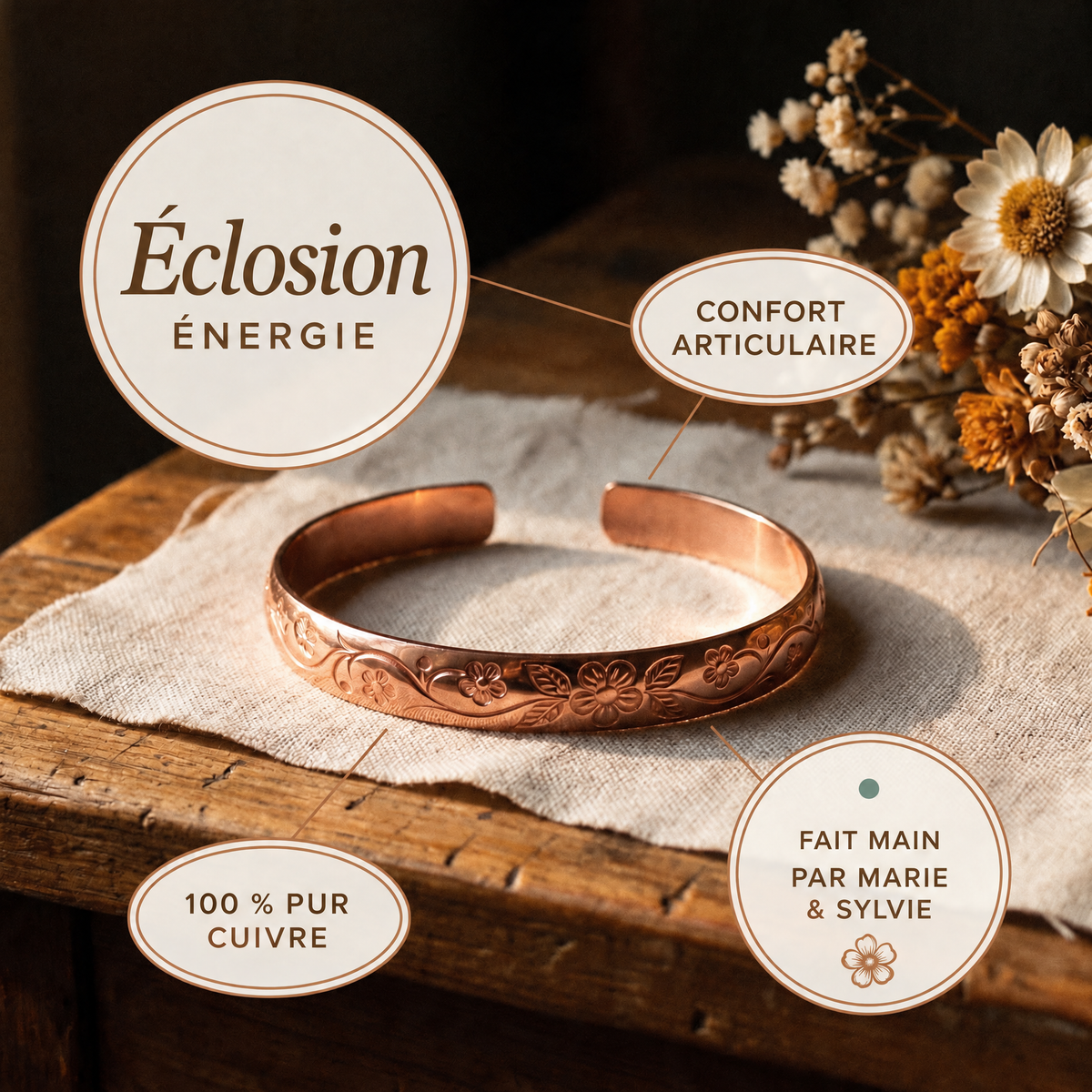 Bracelet en cuivre Éclosion de Marie & Sylvie