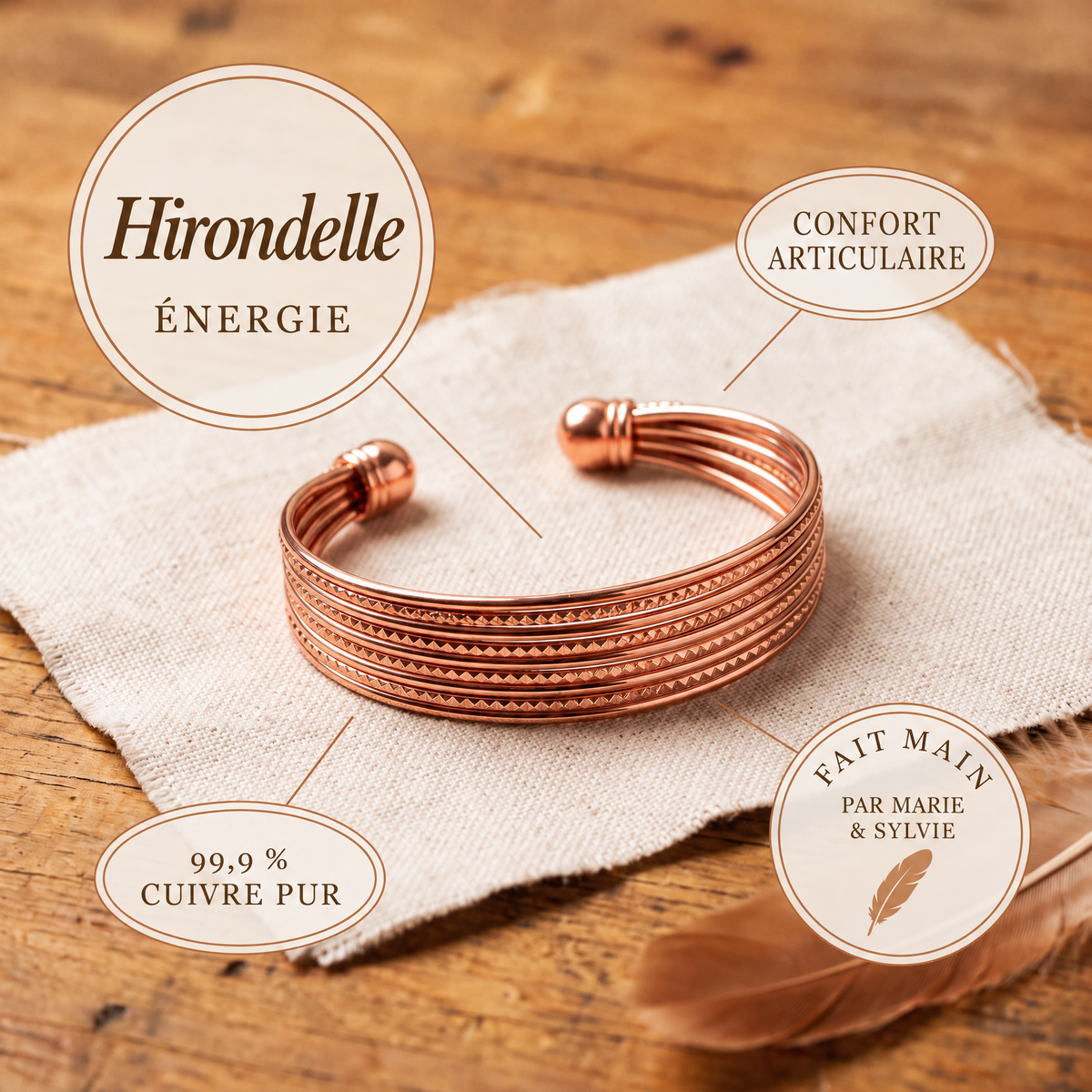 Bracelet en cuivre Hirondelle de Marie & Sylvie