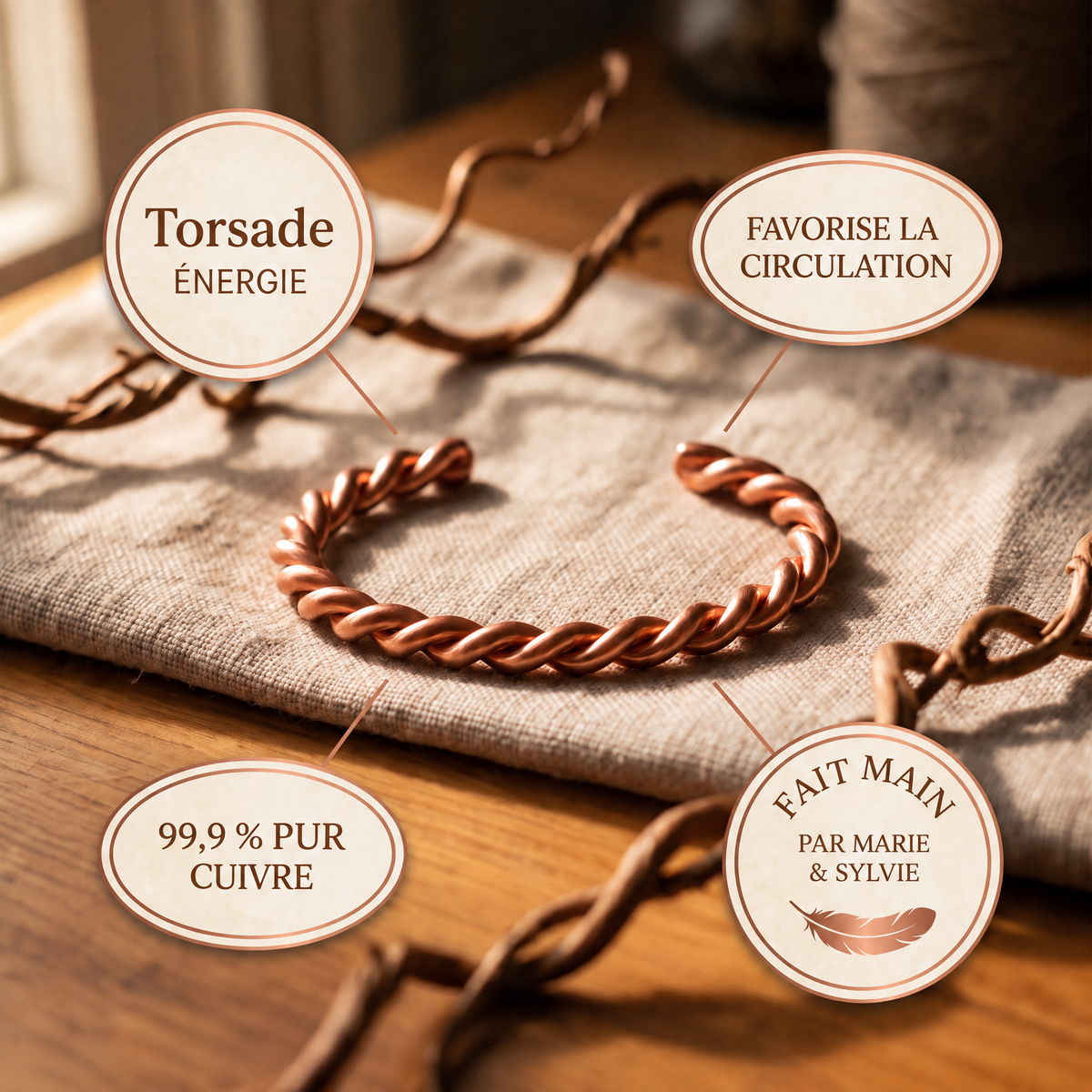 Bracelet en cuivre Torsade de Marie & Sylvie