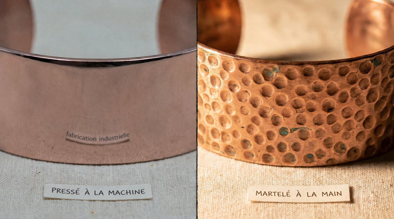 Deux surfaces comparées : pressée à la machine et martelée à la main