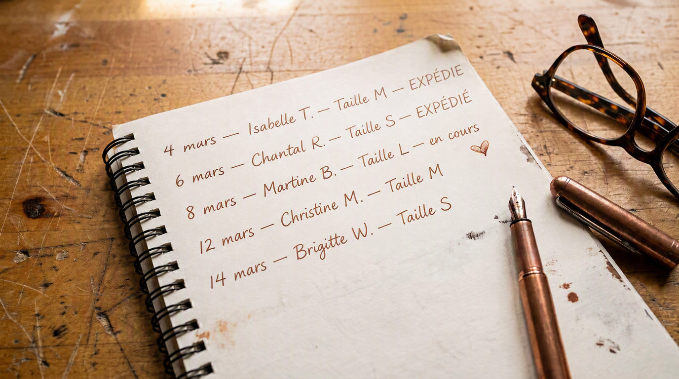 Mon cahier de commandes, où chaque nom est inscrit à la main
